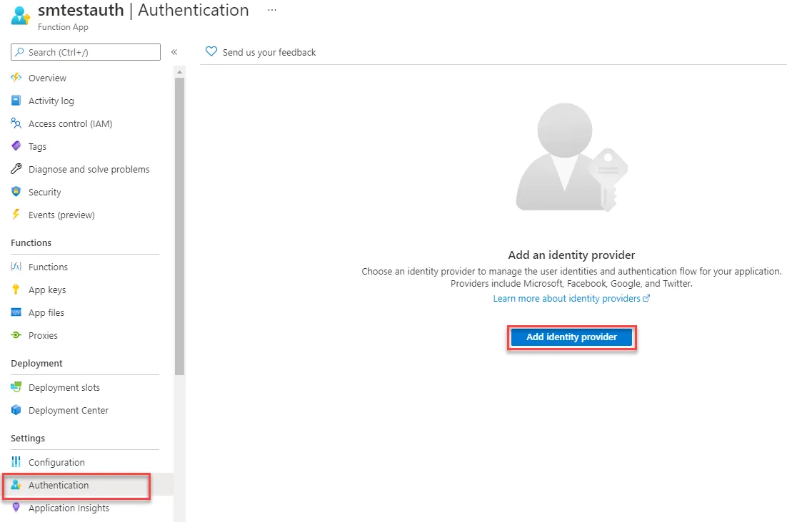 Add identity provider for an Azure Function
