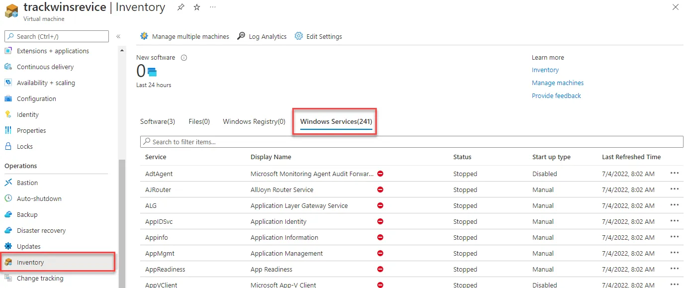 Window Services tracking - Virtual Machines