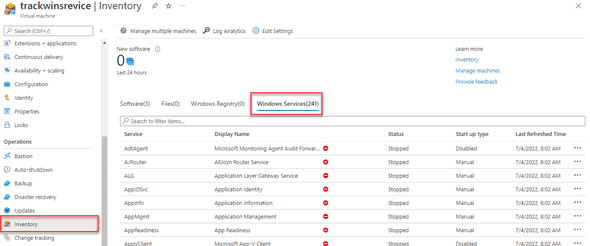 Window Services tracking - Virtual Machines