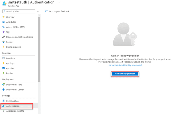 Add identity provider for an Azure Function